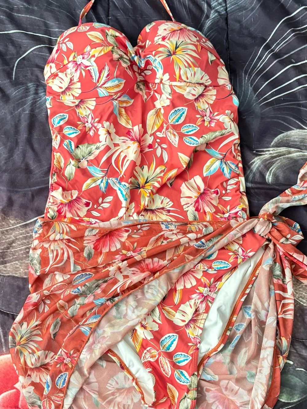 Catherine Malandrino Coral Floral One-Piece Swim Dress with Wrap Skirt